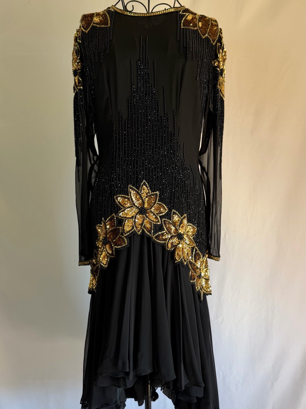 Black Evening Dress with Gold Beaded Floral Accents